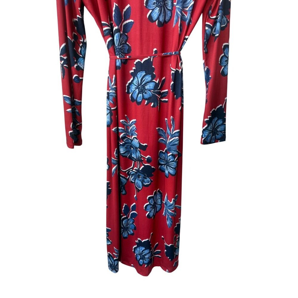 Zara Long Sleeve Shirt Dress Size L Boho Button Down Belted Red Blue Floral Midi - Picture 7 of 12